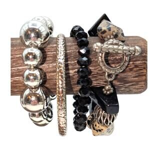 Lot of Four Black Bead Silver Tone Bracelets